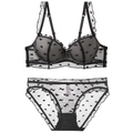 French style black mesh lingerie set with heart print and delicate ruffle trims - 70B / Top And Bottom / Black