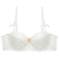 Elegante reggiseno in pizzo bianco con mezza coppa, motivi floreali e fiocco arancione - 70A / Top / Bianco