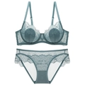 Elegantes Damen-Lingerie-Set aus Spitze in Morandi-Blau mit Bügel-BH und Slip - 70A / Graublau BH Und Slip Set