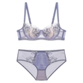 Detailed view of purple lace lingerie set with floral embroidery and mesh texture - 70B / Top And Bottom / Purple