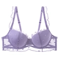 Lavender purple lace bra with heart pattern embroidery and ruffled shoulder straps - 70B / Tops / Purple