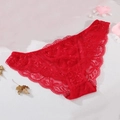 Deep red ultra-thin lace panties with floral embroidery and low-rise scalloped edges - S / Red