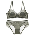 Deep olive green lace lingerie set with floral patterns and sheer mesh details - Army Green