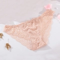 Elegant skin pink floral lace briefs with wavy edges on white fabric background - S / Nude