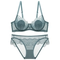 Elegantes graublaues Spitzenunterwäsche-Set mit Bügel-BH und transparentem Slip - 70A / Graublau