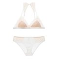 Detail shot of white lace floral embroidery and silk fabric on French style lingerie set - S / Top And Bottom / White