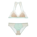 Detail of mint green lace bra and panties set with intricate floral embroidery and satin fabric - S / Top And Bottom / Mint Green