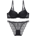 Conjunto de lencería sexy de encaje negro con sujetador push up y bragas de tiras - Negro / 75A