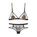 Ensemble de lingerie en maille noire transparente avec broderie florale et bonnets dentelle - Noir