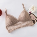 Elegante bralette de encaje champán con copas triangulares y tirantes dorados - S / Caqui