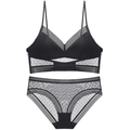 Conjunto de bralette y braga de encaje negro sin espalda con elegante malla de lunares - S / Negro
