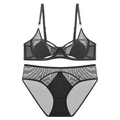 Sexy black sheer mesh lingerie set with geometric cups and gold metal ring accents - 70B / Top And Bottom / Black