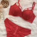 Seductive red lace lingerie set with 75C push-up bra and strappy hollow-out panties - 70B / Top And Bottom / Red