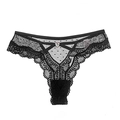 Tanga en dentelle à pois pour femme avec anneau doré en cœur et bordure festonnée - S / Noir