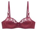 Detail of burgundy lace and satin bra showing floral patterns and delicate bow accents - 70B / Tops / Burgundy