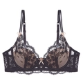 Elegante sujetador de encaje floral negro con lazos rosas y tirantes ajustables - 70A / Negro y Nude