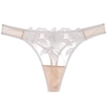 French style thong in beige mesh with white floral embroidery and elastic straps - S / White/Nude