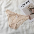 Sheer mesh lace panties with satin bow and cotton crotch in light beige color - S / Nude