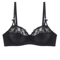 Elegante sujetador de encaje negro y satén con bordados florales sobre fondo blanco puro - 70B / Negro