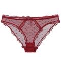 Slip sexy in rete rossa a pois con bordi a balze e un piccolo fiocco, taglio a vita bassa - Taglia S / Borgogna