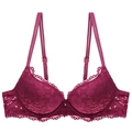 Dettaglio del pizzo floreale e fiocco con strass sul reggiseno color magenta lucido - 70A / Top / Borgogna