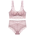 Ensemble de lingerie en dentelle fine rose pâle avec motifs floraux et culotte taille haute - 70B / Rose