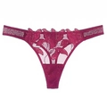 Elegant rose red lace thong for women with floral embroidery and glitter elastic band - S / Burgundy