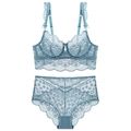 Ensemble de lingerie en dentelle bleu Morandi avec broderie et nœuds décoratifs - 70B / Bleu