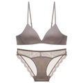 Lace-trimmed wireless triangle bralette and panty set in elegant dark coffee silk - S / Coffee