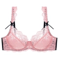 Soutien-gorge en dentelle rose avec bretelles noires et nœuds, design floral fin - 70A / Hauts / Rouge pastèque
