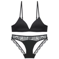 Sexy black wireless triangle bra and lace mesh panty set in a flat lay display - S / Black