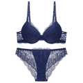 Conjunto de lencería de encaje azul oscuro con sujetador push-up y braga transparente - 70A / Azul Real
