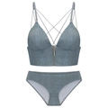 Französisches nahtloses BH-Set mit Denim-Druck und Front-Reißverschluss-Design - S / Denimblau