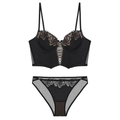 French vintage rose embroidered corset lingerie set with lace-up details and matching briefs - S / Hepburn Black