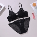 Elegant black lace lingerie set with floral embroidery and mesh details in a flat lay view - 70B / Top And Bottom / Black