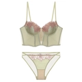 French vintage light green lace lingerie set with rose embroidery and bustier corset design - S / Matcha Green