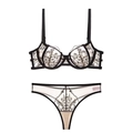 Ensemble lingerie sexy en dentelle noire style français avec broderies florales or - 70B / Noir