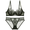 Detail of dark green lace lingerie set with floral embroidery and sheer mesh texture - 70A / Green