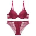 Burgundy floral lace lingerie set featuring an underwire push-up bra and matching panties - Burgundy / 70A
