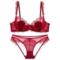 Sexy red French thin lace lingerie set with underwire bra and sheer mesh panty - 85B / Top And Bottom / Red