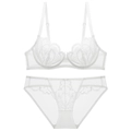 Detailed view of white floral lace lingerie set with sheer mesh and underwire support - 70A / White