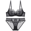 Elegant black lace lingerie set with floral embroidery bra and sheer mesh panty - 70A / Black