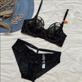 Conjunto de lencería de encaje negro con bordado floral, incluye sujetador con aro y braga - 70B / Negro