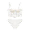 Close-up of white French satin and floral lace lingerie set with corset bra and panties - S / White