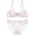 Lace lingerie set with sheer mesh bra and matching panty in soft pink color - 70B / Top And Bottom / Pink