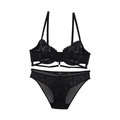 Conjunto de lencería sexy de encaje negro con bordado floral y detalles de malla fina - 70B / Negro