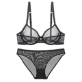 Set di lingerie sexy in rete nera trasparente con reggiseno sottile e ciondolo a cuore - 70B / Nero