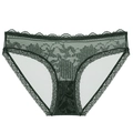 Deep green lace panties with floral embroidery and semi-transparent mesh panels - S / Green