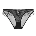 Bragas sexys de encaje negro para mujer con malla transparente y lazo plateado - Negro