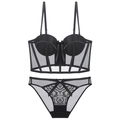 Conjunto de lencería de malla negra con lazos y corsé push-up de estilo francés - 70B / Juego / Negro